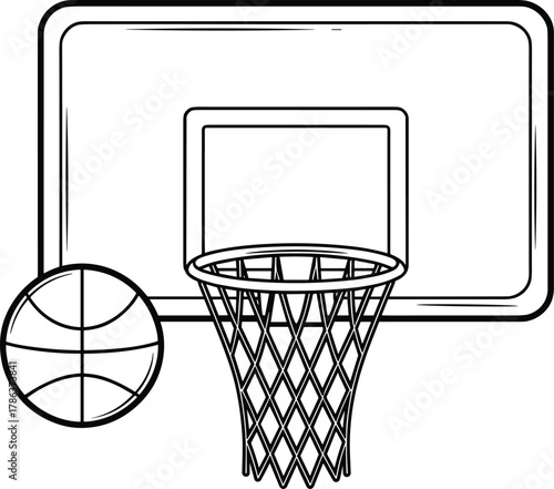 Basketball hoop illustration, black and white sketch, sports equipment drawing, backboard and ball, minimal line art, athletic concept design