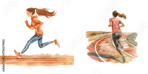 woman running on track watercolor vector illustration