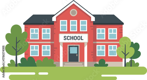 Red brick school building with green lawn and trees, education concept, back to school, learning environment, campus illustration