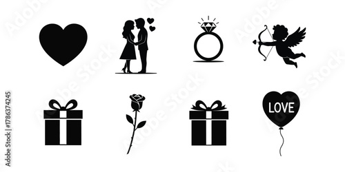 valentine icon set. Collection of romantic valentine s day icons including hearts couples rings cupid gifts rose and balloon
