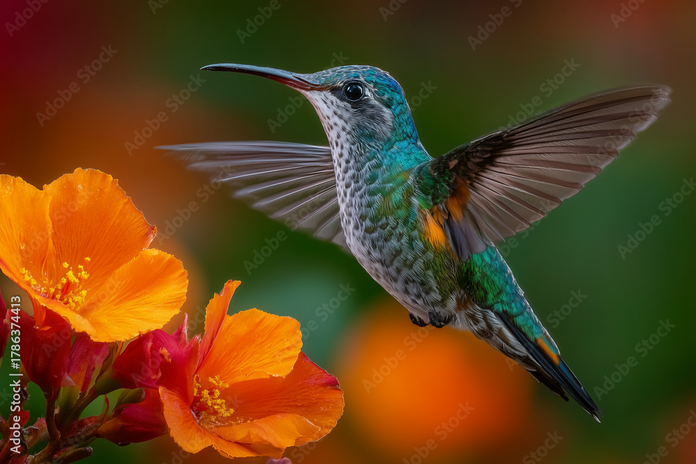 Naklejka premium Green hummingbird hovering among flowers. Colorful bird wildlife photography.
