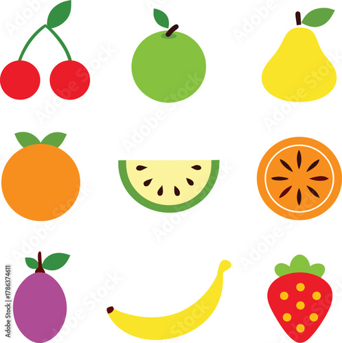 Delicious colorful flat design fruit collection for healthy eating.