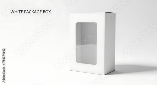 White cardboard package box with a window cutout, isolated on white background