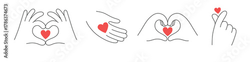 Set of outline hands showing heart shape, making love sign. Love, care and empathy concept. 