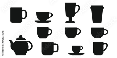 set of cups of coffee. Collection of black silhouette icons representing various types of cups mugs and a teapot on a white background