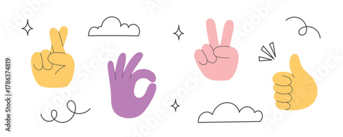 Set of colorful hands with different gestures and doodle elements. Crossed fingers, thumb-up, okay sign.