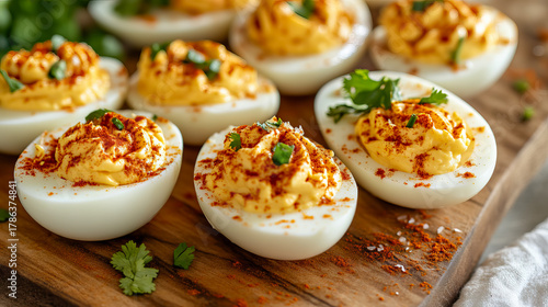 Deviled eggs garnished with paprika and herbs, a delectable party appetizer for National Deviled Egg Day