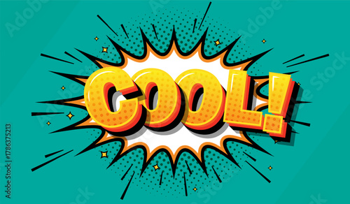 A template for cartoon comics with the text "cool" in an explosive speech bubble. A pop art style template for superhero text in comics on a cyanogen background. Vector illustration.