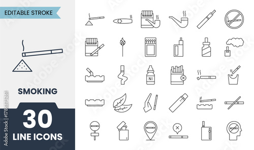 Smoking line icons set with editable stroke. Containing cigar, cigarette, vape, moke, ashtray, nicotine, vapor and more. Vector illustration