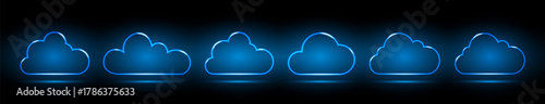 A set of neon clouds. Neon digital cloud icons on a black and blue background. Visualization of data transmission over a network. Vector EPS 10