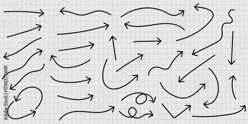 Arrows Collection Hand Drawn Directional Signs Black Line Art Illustration on Grid Arrows Set Curve Straight Pointer