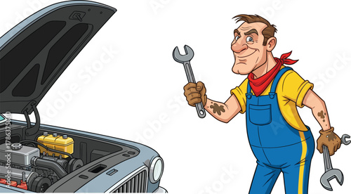 Cartoon mechanic, car repair, wrench tool, engine maintenance, auto service, dirty hands, garage worker, vehicle fix, illustration, character art