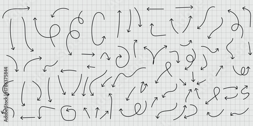 Hand Drawn Arrow Collection Black Vector Set on Grid Background Directional Elements Graphic Design Wayfinding Icons