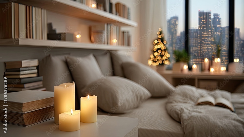Fototapeta premium Soft candlelight enhances the cozy atmosphere created by warm blankets and an open book beside a glowing fireplace during winter