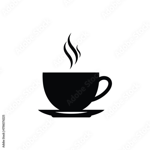 Black silhouette of a steaming coffee cup on a saucer