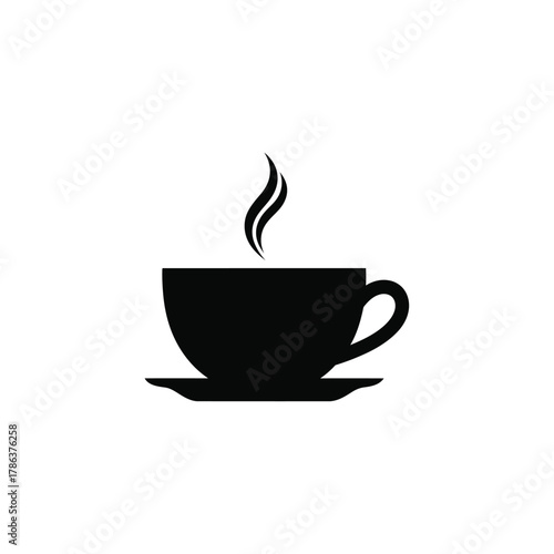 Black silhouette of a steaming coffee cup and saucer