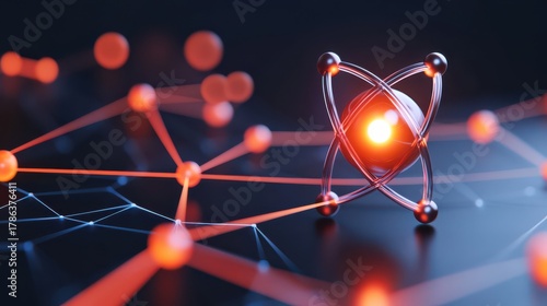 A vibrant depiction of an atom with particles, highlighting connections between elements in a digital style, symbolizing scientific discovery and innovation.