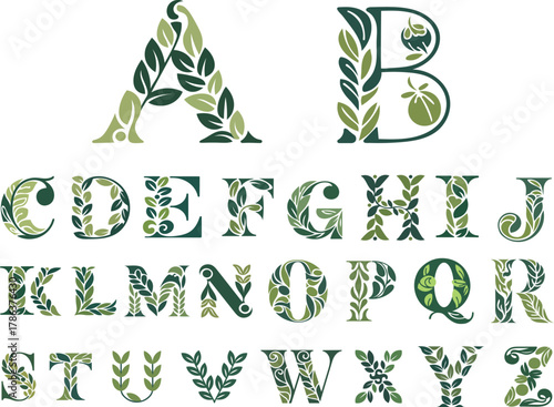 Alphabet letters decorated with green leaves and plants
