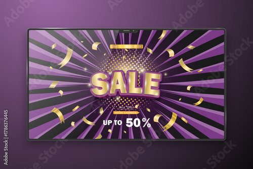 The discount sale banner is placed on the monitor screen on a black and purple background. Design of a screen layout for sale, advertising posters. Vector EPS 10.