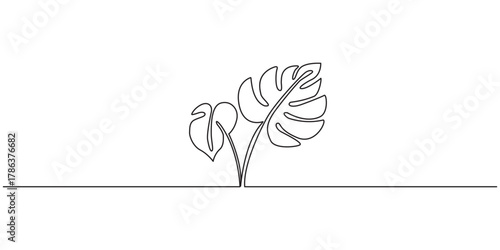 Elegant monstera leaf continuous one line minimalist art design, Hand-drawing one continuous line art of tropical monstera leaves. one line Icon drawing with white background