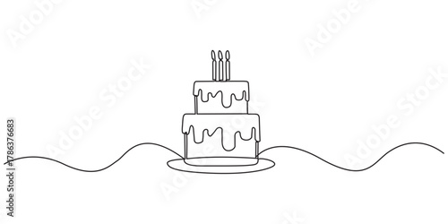 One line birthday cake drawing, minimalist continuous single line art with candle on white background, vector illustration