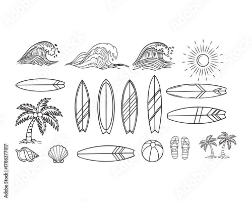 A diverse set of hand-drawn beach and surf icons, perfect for summer themes. Includes waves, palm trees, surfboards, sunglasses, seashells, starfish, and flip-flops, all isolated on a white background