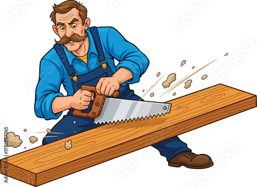 Cartoon, carpenter, hand saw, woodworking, manual labor, mustache man, wood plank, cutting action, construction, effort, DIY, tool, worker, lumber, 