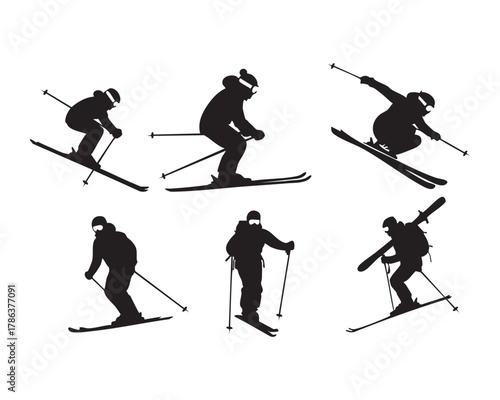 A collection of black silhouette icons featuring skiers in diverse dynamic stances, illustrating various skiing techniques and movements on a snowy mountain.