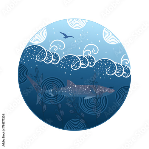 Vector illustration in a circular frame, of a seabed with whale shark and a blue sky with bird.