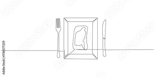 Continuous single line drawing of a plate with fork and knife. Editable stroke, Continuous one line drawing of plate, spoon and fork minimal outline vector illustration