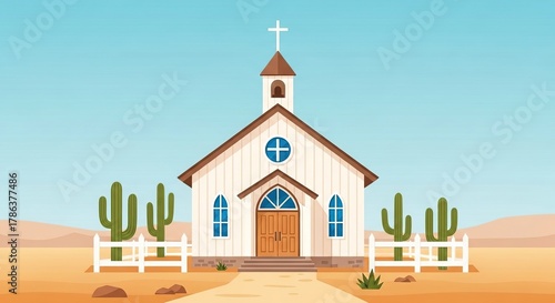 A quaint white church with a cross on top, surrounded by cacti and a white fence in a desert landscape