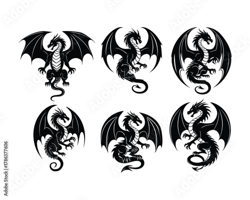 A set of four distinct black dragon silhouettes, each uniquely posed, offering a glimpse into the diverse and imposing forms of these iconic mythical beings.