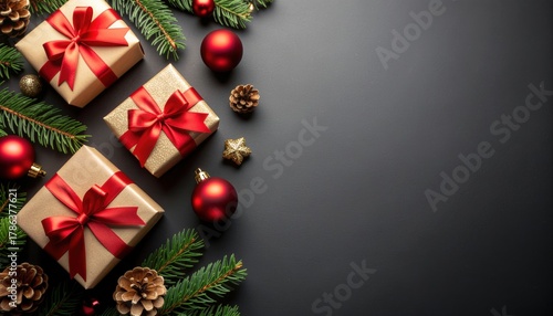 Gift giving celebration holiday season decorative arrangement indoor setting top view festive atmosphere