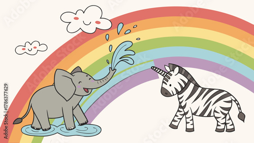 3D Elephants and Zebras Playing with Water on Rainbow Brick Wall