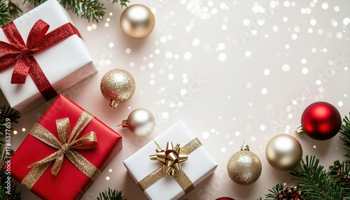 Festive gift arrangement holiday season decorative image cozy environment overhead view celebration concept