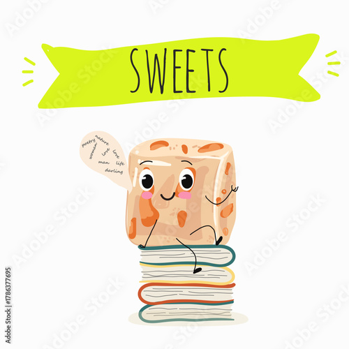 Tasty nougat, turkish delight, Halva confection, funny characters, hand drawn vector illustration.