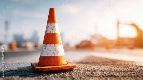 An orange traffic cone placed on a construction site.