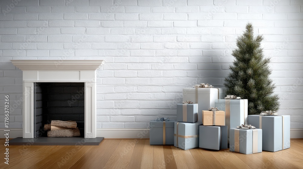 Fototapeta premium A beautifully decorated indoor space features a Christmas tree next to a warm fireplace, inviting a festive winter atmosphere