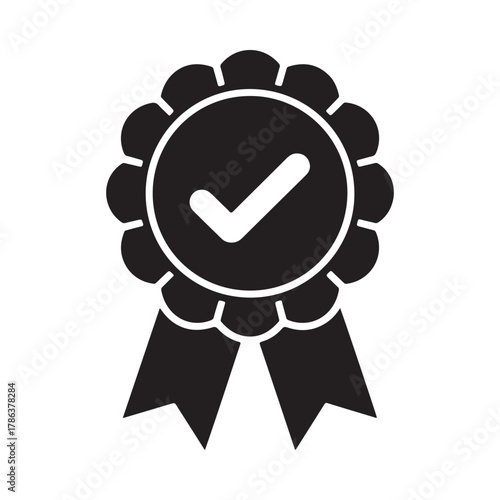 Black and white award ribbon with check mark icon