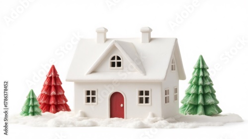 Festive white house with snow and Christmas trees, holiday season.
