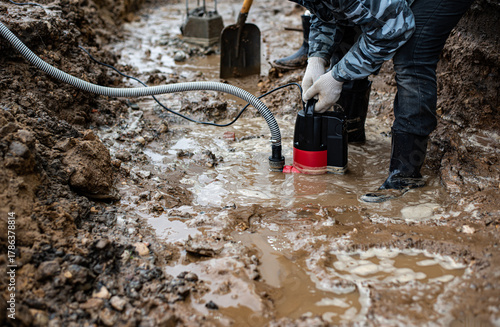 A drainage pump pumps dirty brown clay water out of a puddle. A man in the mud in rubber boots is standing nearby. High quality photo