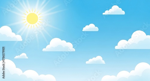 Bright sunny day with a shining sun and fluffy white clouds in a clear blue sky