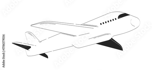 Commercial airplane in flight doodle linear object. Aviation travel. Passenger plane. Flying aircraft transport 2D vector outline clip art drawing isolated on white. Hand drawn sketch illustration