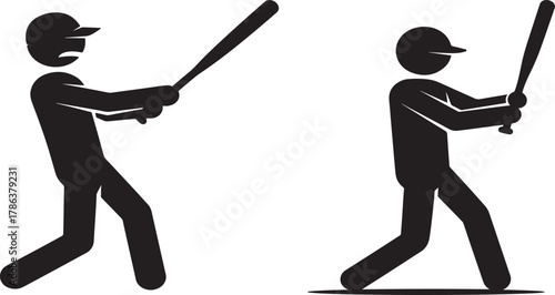 Two baseball players swinging bats silhouette