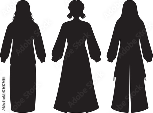 Collection of three elegant female silhouettes wearing long modest dresses. Vector
