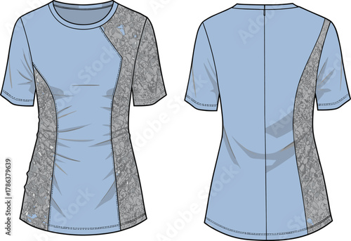 Women's athletic shirt, front and back view, light blue sportswear, technical fashion sketch, fitted silhouette, textured panels, apparel design, activewear
