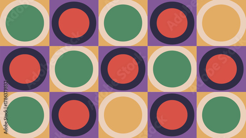 Vibrant geometric pattern with colorful circles and squares, perfect for modern design, backgrounds, and creative projects, adding visual appeal