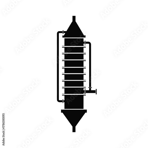 Black silhouette of industrial distillation column with pipes