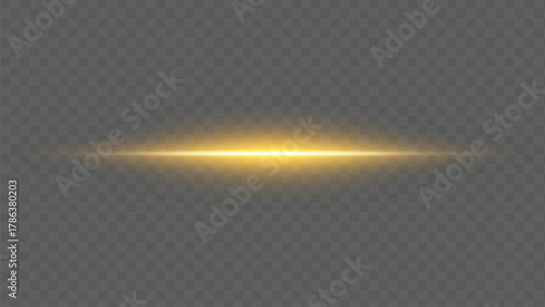 Golden line of light. Glowing glare, horizontal beam. On a transparent background.