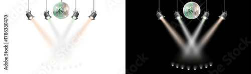 PNG image of Disco ball with spotlights, party light effect overlay. PNG for transparent design, perfect for club, celebration, and dance party themes.